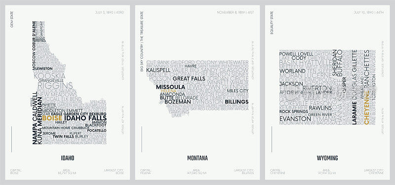 字体组成的城市名称，轮廓地图的美国各州，矢量详细海报，山区-爱达荷州，蒙大拿州，怀俄明-集15 17